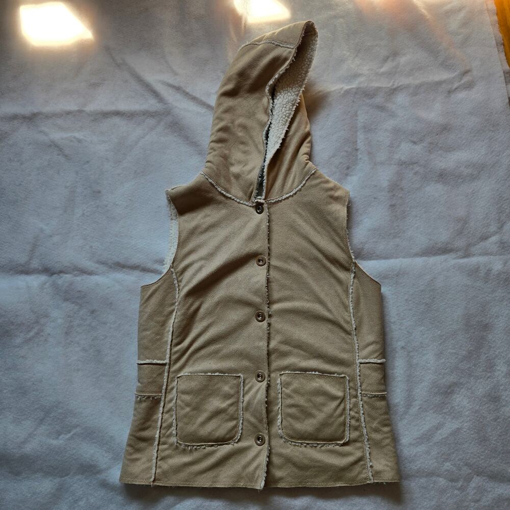 Jones NY Country Faux Shearling Suede Hooded Vest, Size Small Petit PP